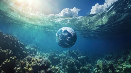 Wall Mural - planet earth is floating over the ocean,planet earth submerged and floating in sea,global warming an