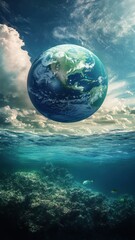 Wall Mural - planet earth is floating over the ocean,planet earth submerged and floating in sea,global warming an