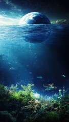 Wall Mural - planet earth is floating over the ocean,planet earth submerged and floating in sea,global warming an
