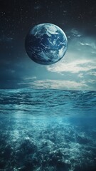 Wall Mural - planet earth is floating over the ocean,planet earth submerged and floating in sea,global warming an