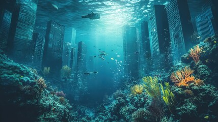 Wall Mural - modern building office or city town is submerged the ocean sea and fish,global warming and rising se