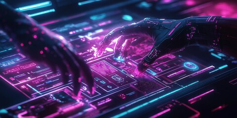 Poster - a human interacting with an AI system, showcasing glowing neon interfaces, holographic displays, and a cyberpunk aesthetic.