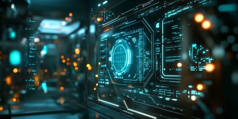 Poster - A detailed view of a cyberpunk-inspired AI interaction, featuring advanced holograms, glowing circuits, and a sleek high-tech environment.