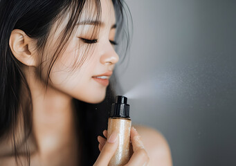 Canvas Print - Hair products. Closeup of unrecognizable asian girl using hair spray, copy space