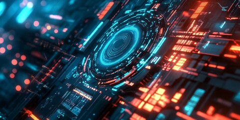 Poster - A detailed view of a cyberpunk-inspired AI interaction, featuring advanced holograms, glowing circuits, and a sleek high-tech environment.