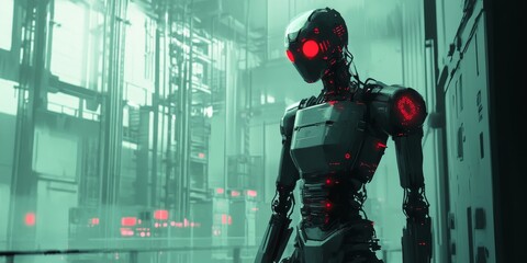 Poster - A high-tech industrial robot in a cyberpunk world, showcasing advanced mechanics, glowing circuits, and a sleek dystopian factory setting.