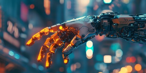 Poster - a futuristic industrial robot featuring neon-lit arms, intricate mechanical design, and a cyberpunk-inspired backdrop.