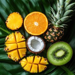 Fresh fruit arrangement on green leaf