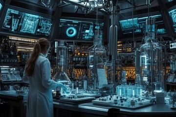 Poster - A scientist in a lab coat works with glass beakers in a futuristic lab. There are many monitors displaying blue data and code, as well as various beakers and glass tubes.