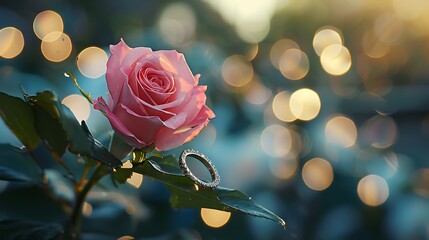 Wall Mural - Sweet day of love showing a stunning bokeh and a pink rose with a silver ring