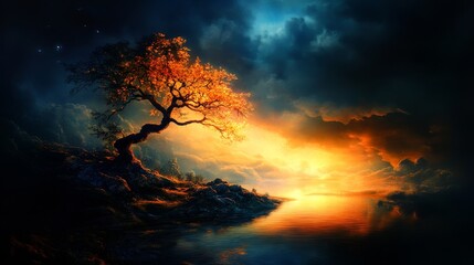 Wall Mural - a serene landscape featuring a lone tree against a dramatic sunset, with vibrant colors reflecting i