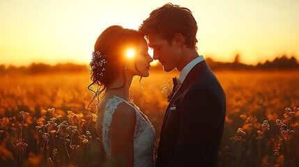 Wall Mural - silhouette of bride and groom embracing at sunset in a field.