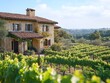 © DudeDesignStudio - A stone house with a terracotta roof sits in a vineyard with a rolling hills background.