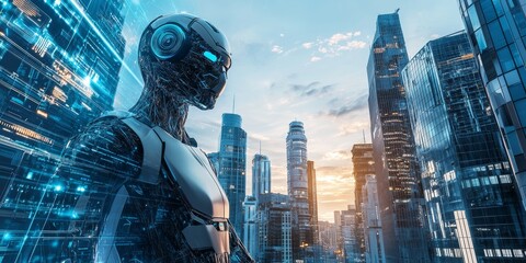 Poster - Smart building technology with robotic integration, featuring advanced AI systems and sleek, high-tech design in a futuristic city.