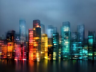 A vibrant city skyline at night, showcasing illuminated buildings with colorful lights reflecting on the water.