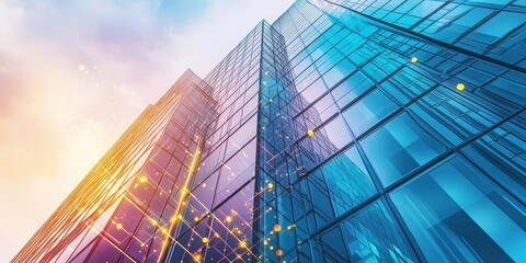 Poster - a building with smart technology, featuring robotic elements, AI integration, and a sleek, modern aesthetic in a high-tech environment.