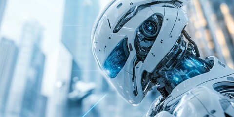Poster - a futuristic building with visionary design, featuring robotic elements, AI integration, and a high-tech urban backdrop.