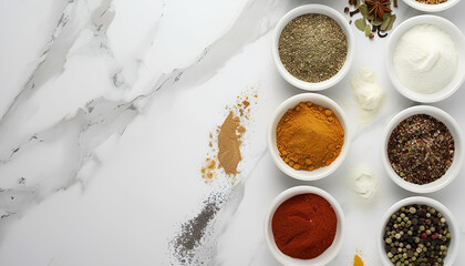 Wall Mural - Many different spices on white marble background, top view. Space for text