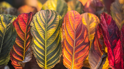 Autumn leaves transition through different colors from green to vibrant reds and oranges, fall season, nature wallpaper