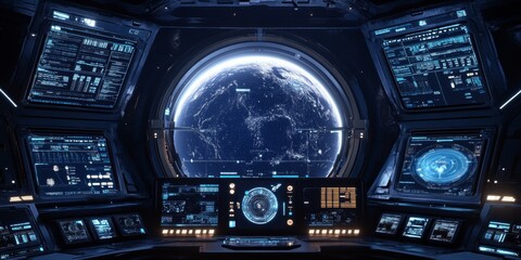 Poster - Advanced space exploration UI with interactive holograms, live data feeds, and touch-responsive celestial mapping tools.