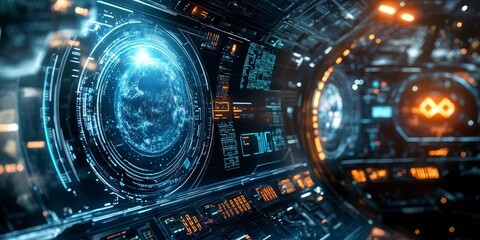 Poster - advanced tech elements in a space interface, with dynamic orbit controls, holographic displays, and real-time cosmic data.