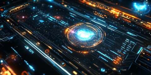 Poster - A futuristic tech interface with space-inspired design elements, including holographic controls, dynamic star fields, and responsive data visualization.
