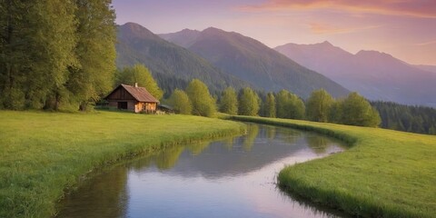 Poster - A river runs through a lush green valley with a small cabin on the bank