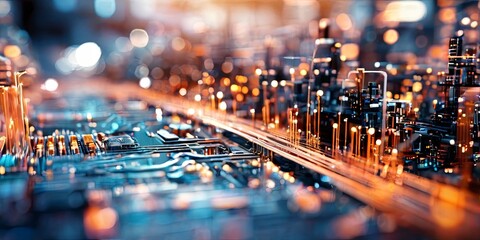 Poster - A cityscape with a lot of lights and a computer chip