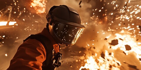 Poster - a VR disaster simulation, realistic fire and smoke effects visible as the user practices emergency response in a controlled virtual environment.