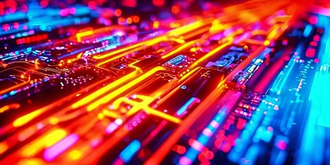 Poster - A colorful image of a cityscape with neon lights and a computer chip