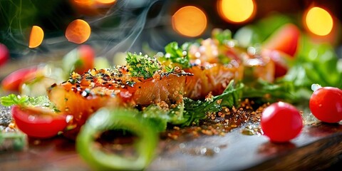 A plate of food with a piece of meat and a tomato