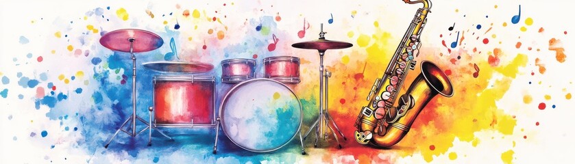 Colorful illustration of musical instruments, including drums and saxophone, surrounded by vibrant splashes of paint.