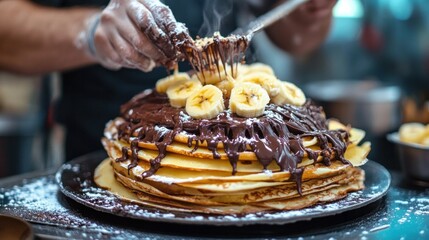 Making crepe cakes with chocolate and banana on the street