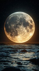 Wall Mural -   A full moon rising over a calm sea with waves in the fg and starlit sky above