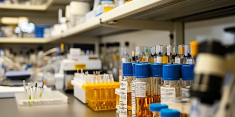 Aufkleber - lab benches cluttered with research instruments, pipettes, and chemical reagents, representing a busy research environment.