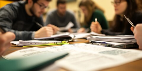 Aufkleber - a group discussion during a seminar, with research papers and academic resources spread out on a table.