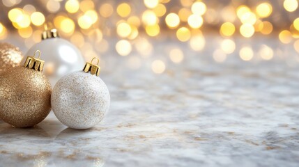 Beautifully arranged white and gold Christmas ornaments alongside shimmering lights enhance the festive spirit and holiday joy