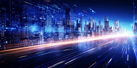 Poster - A cityscape with a bright blue sky and a long road with a bright orange line