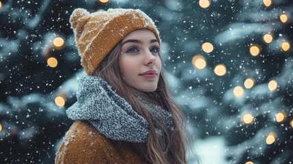 Fashionable Winter Style: Model Posing Amidst Snowy Trees and Magical Lights