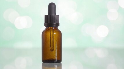 An amber dropper bottle filled with essential oil glimmers against a softly blurred, reflective surface, exuding tranquility