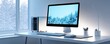 © Mnt - Modern workspace featuring a computer monitor and a serene winter view, perfect for inspiration and productivity.