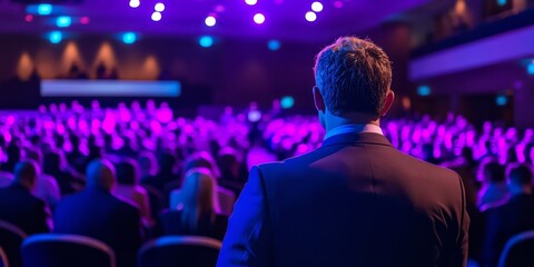 Wall Mural - A close-up features a keynote speaker addressing a corporate audience, with an attentive atmosphere and stage lighting adding drama