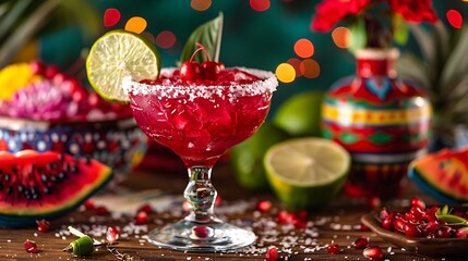 A vibrant red hibiscus margarita served in a glass with a salt rim, the deep red color of the drink contrasting beautifully with the white salt. The glass is set on a festive table with a backdrop 