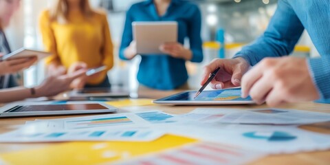 Wall Mural - A close-up captures professionals reviewing data on tablets and laptops, teamwork in action, set in a vibrant office that embodies collaboration