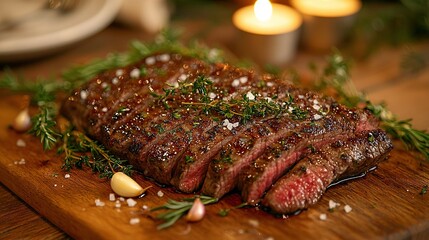 Wall Mural -   A perfectly grilled steak rests atop a wooden chopping block alongside a lit candle and a platter of delectable dishes