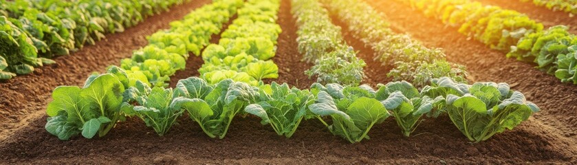 Vibrant vegetable farm with rows of fresh green crops basking in sunlight, showcasing healthy agricultural growth in fertile soil.