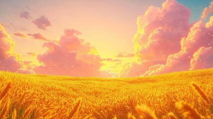 Wall Mural -   Sunset over wheat field with yellow sun in center and cloudy sky