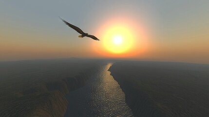 Wall Mural -   A bird soaring over water as the sun sets behind it