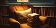 © kwanchaift - A cozy office nook features soft lighting, with a close-up of a comfortable chair and a stack of books, focusing on the inviting ambiance