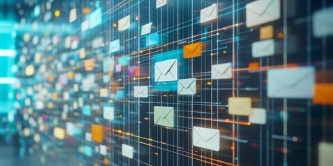 Wall Mural - A detailed view of an email inbox filled with messages captures notifications and the flow of information, illustrating busy workplace communication